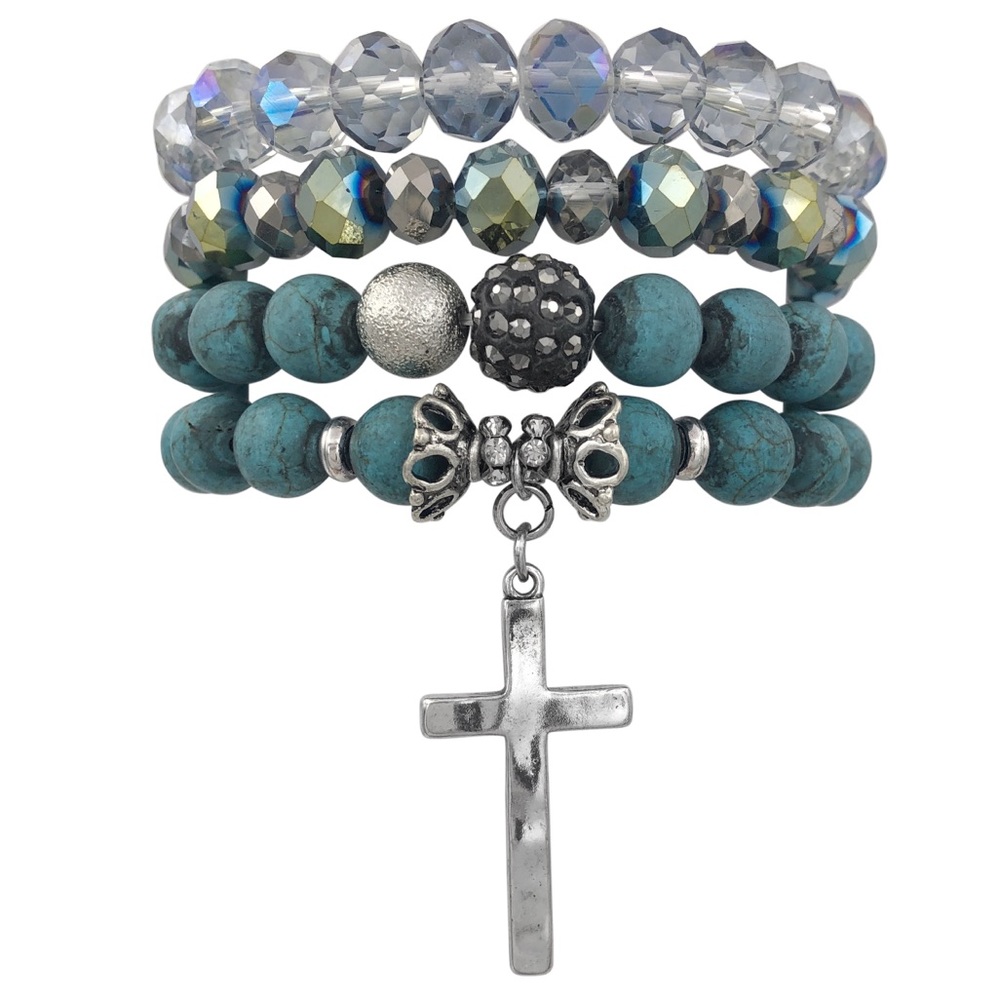 4 Row Semi-Precious Stone & Glass Layered Cross Dangle Charm Stretch Bracelet